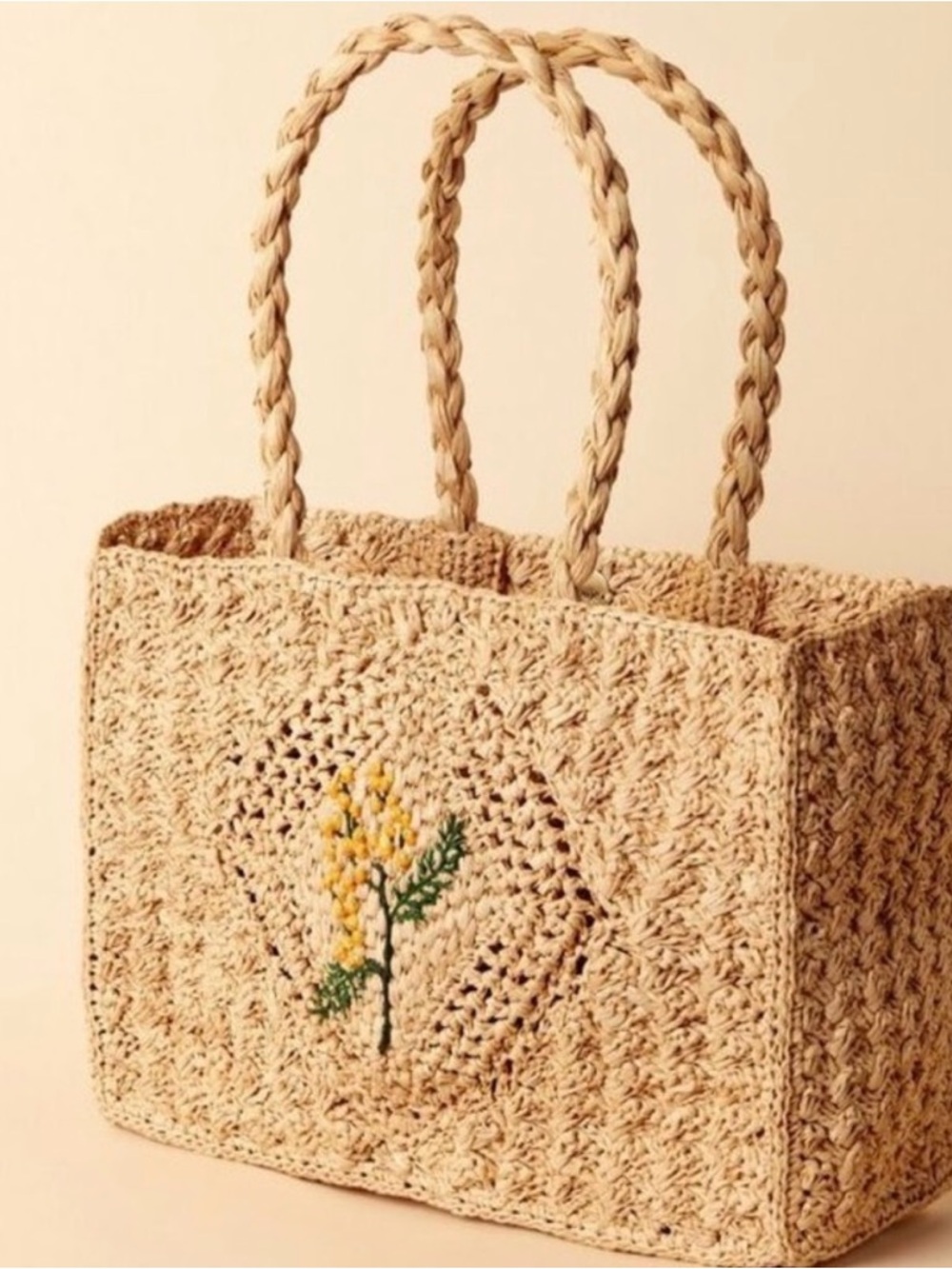 Rouje - Alek Natural Straw Shoulder Bag with Mimosa Flower Embroidery